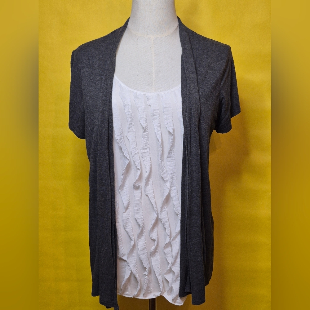 Source Unknown Gray Cardigan with White Ruffled Tee